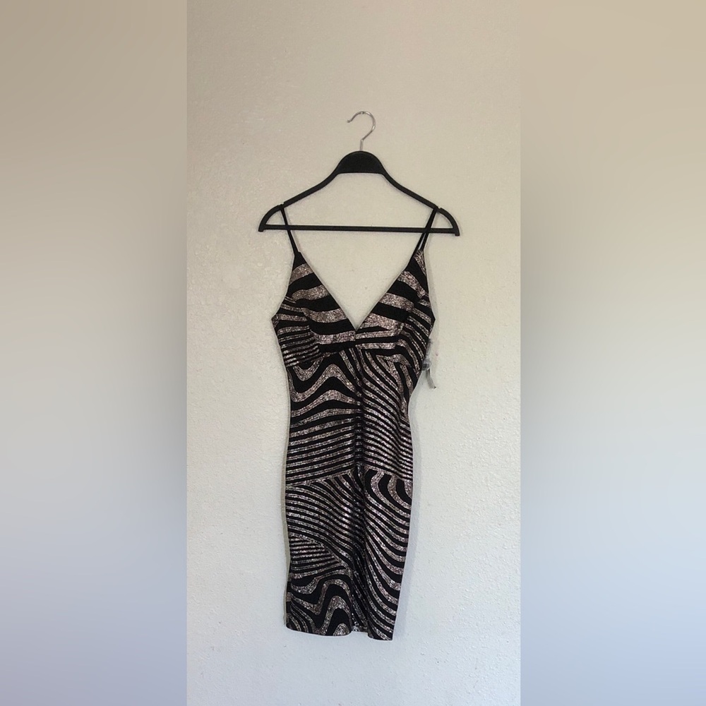 Snap Black and Rose Gold Sequin Mini Dress - V-Neck Spaghetti Straps